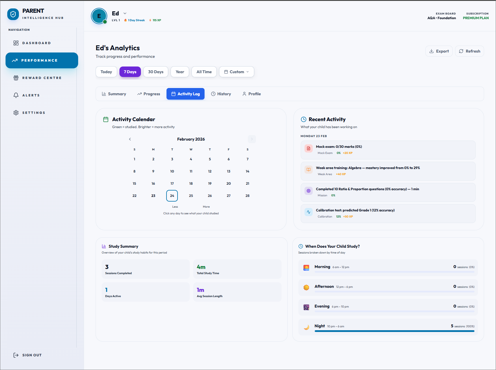 Daily GCSE Maths revision activity log for parents