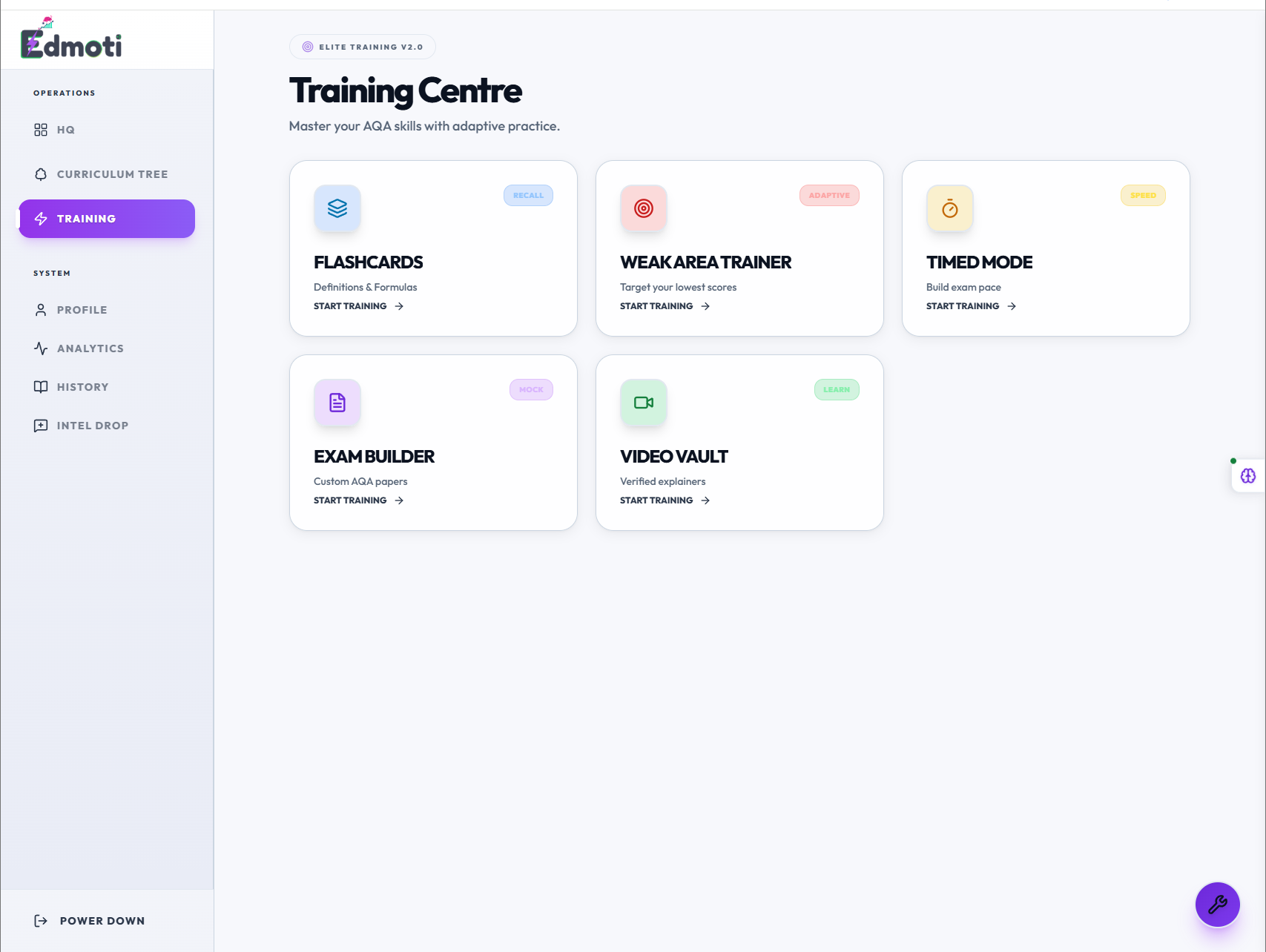 GCSE Maths practice modes — flashcards, weak area trainer, timed drills, exam builder on Edmoti